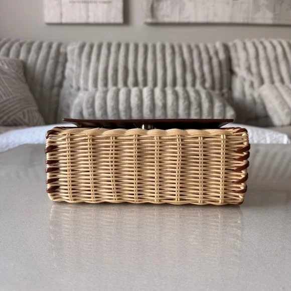 J.Crew Leather and Wicker Mini Satchel Crossbody Bag Brown Tan Whipstitch - Picture 3 of 7